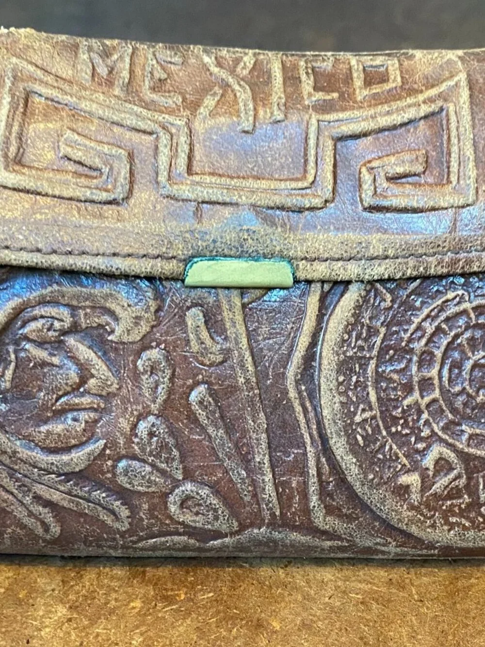 50s 60s Handmade Mexican Wallet Brown Leather Tooled Aztec Calendar Vintage